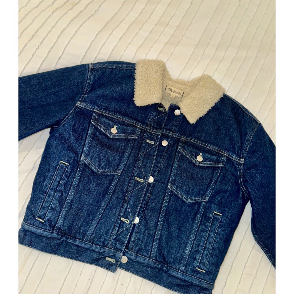 Madewell Cropped Sherpa Denim Trucker Jacket Medium Oversized Western Americana - Picture 5 of 16
